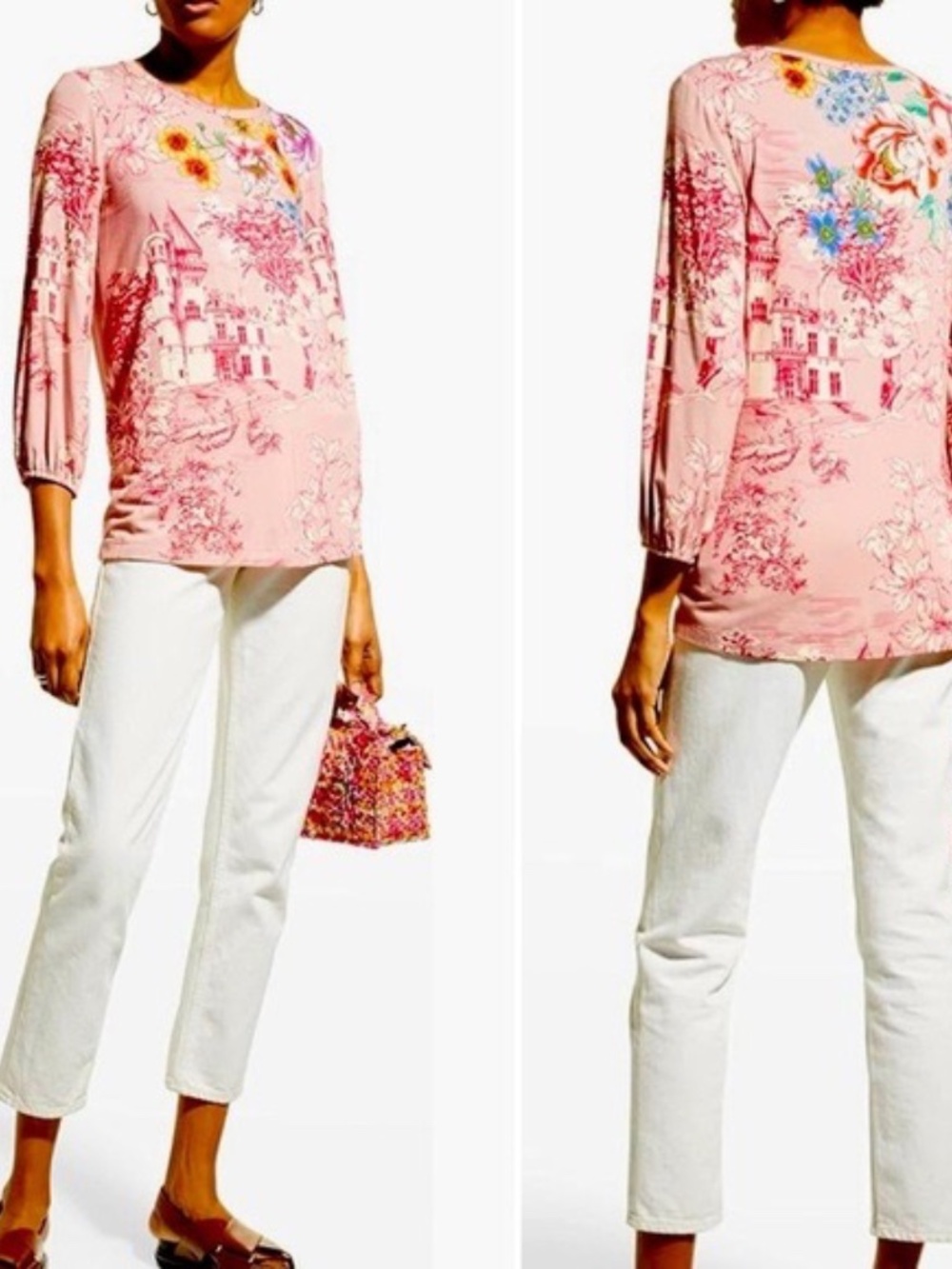 Johnny Was HOUSE ON THE HILL PUFF SLEEVE TOP Shirt Blouse Pink M